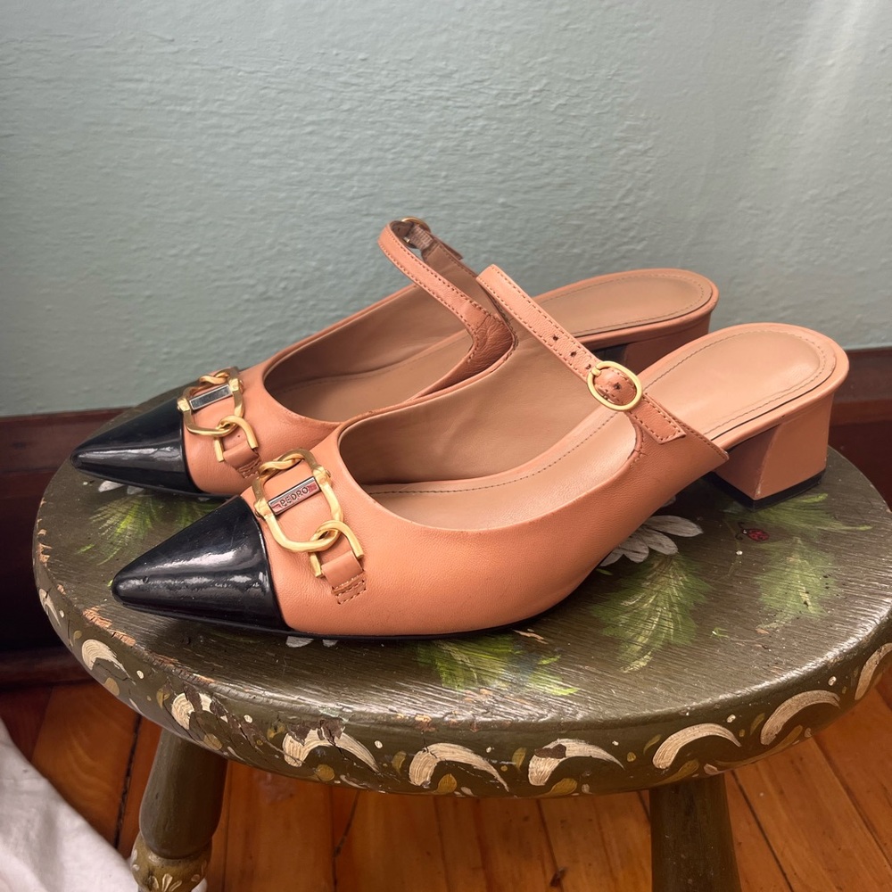 Pedro Jean Leather Heel Mules Nude Black Toe Gold‎ Chain Women’s EU 38